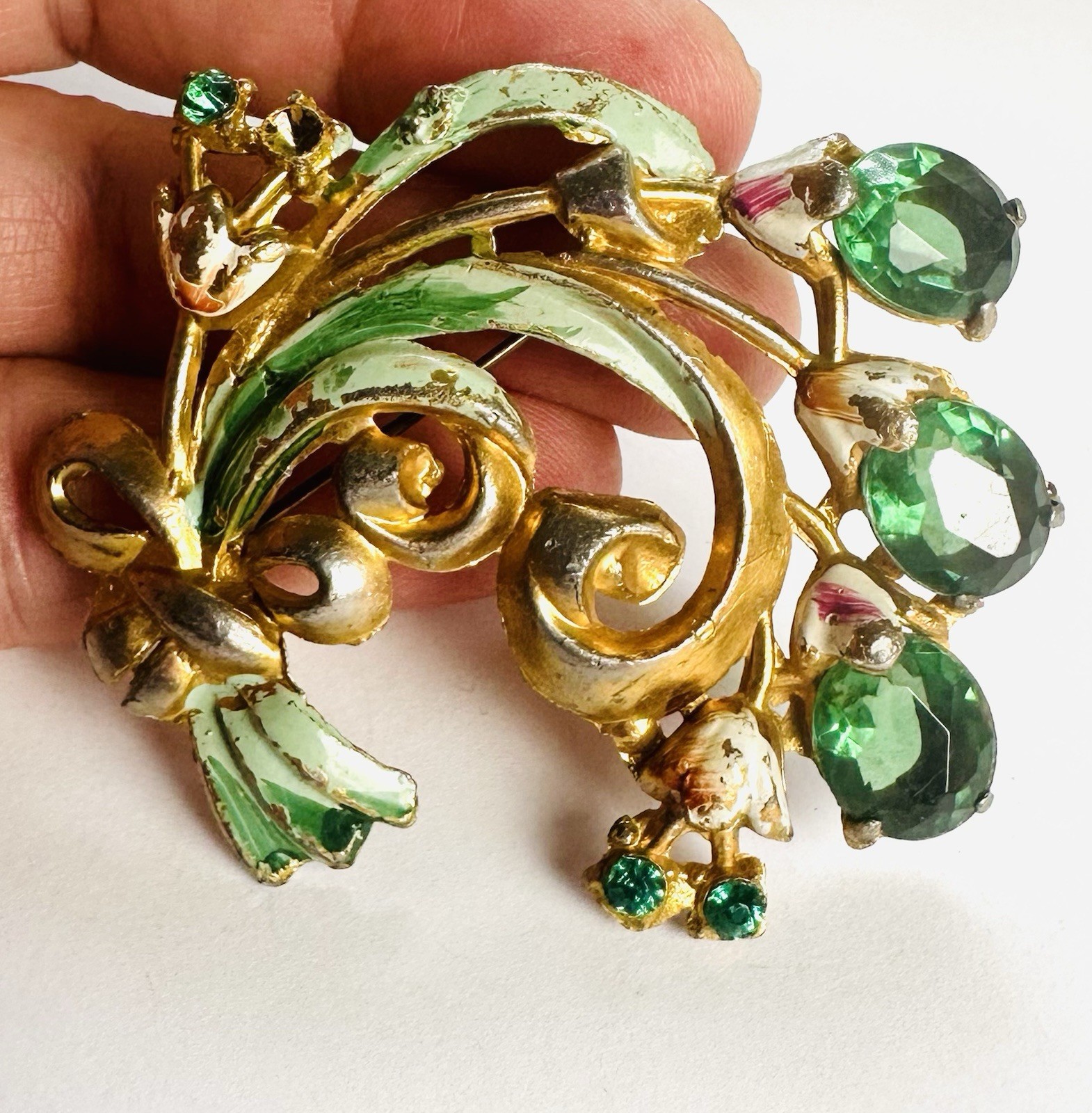 VTG Fred Gray Coro Rhinestone Hand Painted Brooch Pin -enamel wear + Unsigned