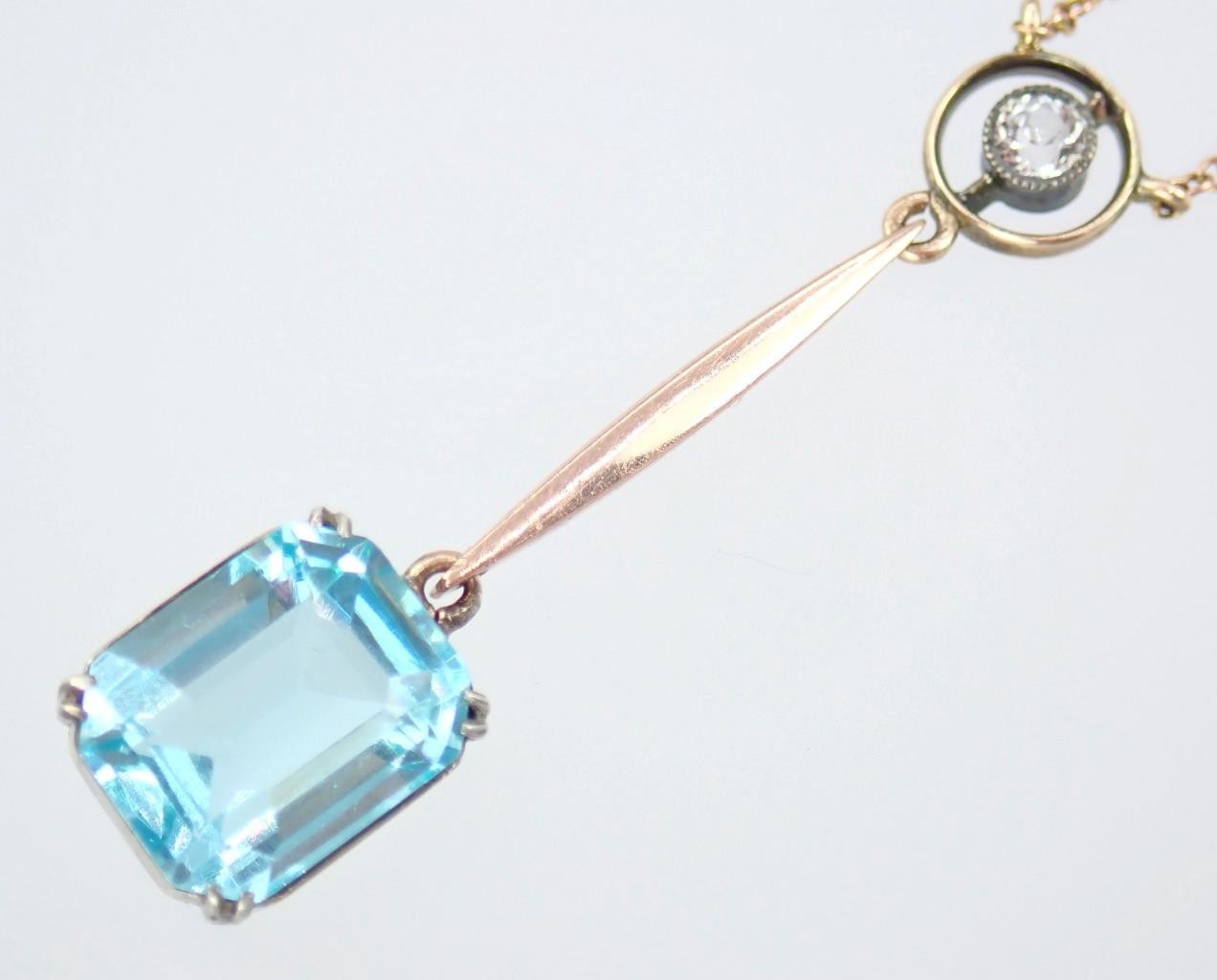Fab Antique Edwardian Rose Gold Blue Paste White Sapphire Pendant Chain Necklace