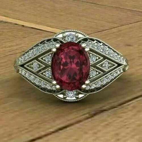 Art Deco Style 3.2Ct Oval Red Lab Created Ruby Engagement 14K White Gold FN Ring