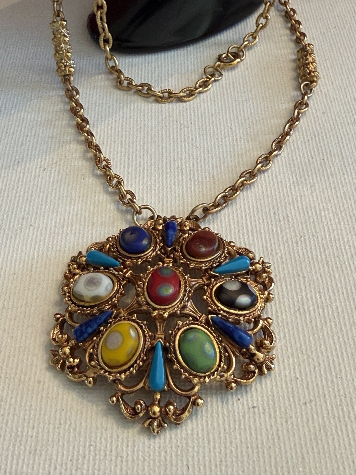 Vtg. Florenza Ornate Gold Tone Multi Color Cabochon Pendant Necklace 24” BinR