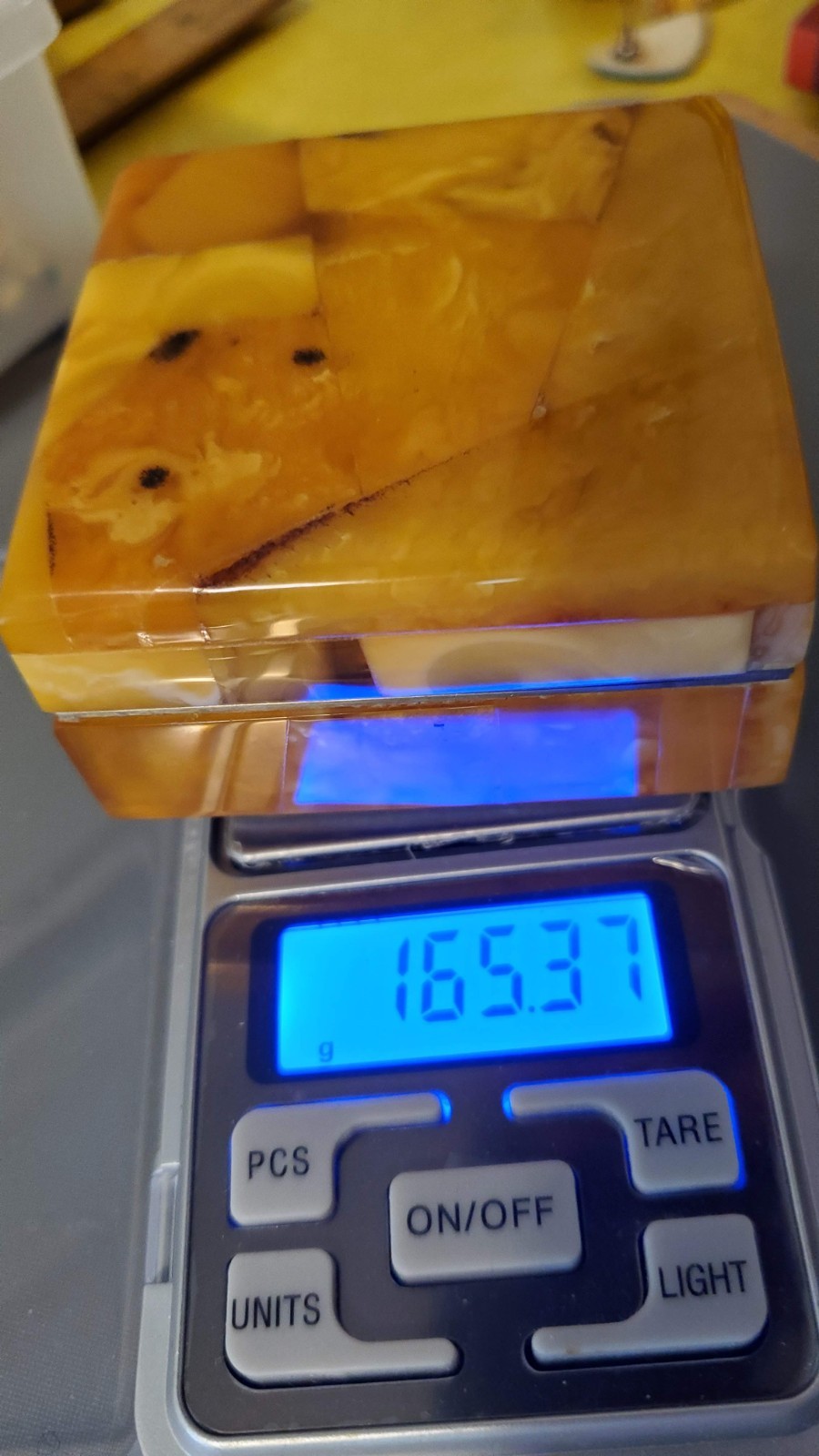 Vintage Lithuania butterscotch amber box and huge sterling pendant set
