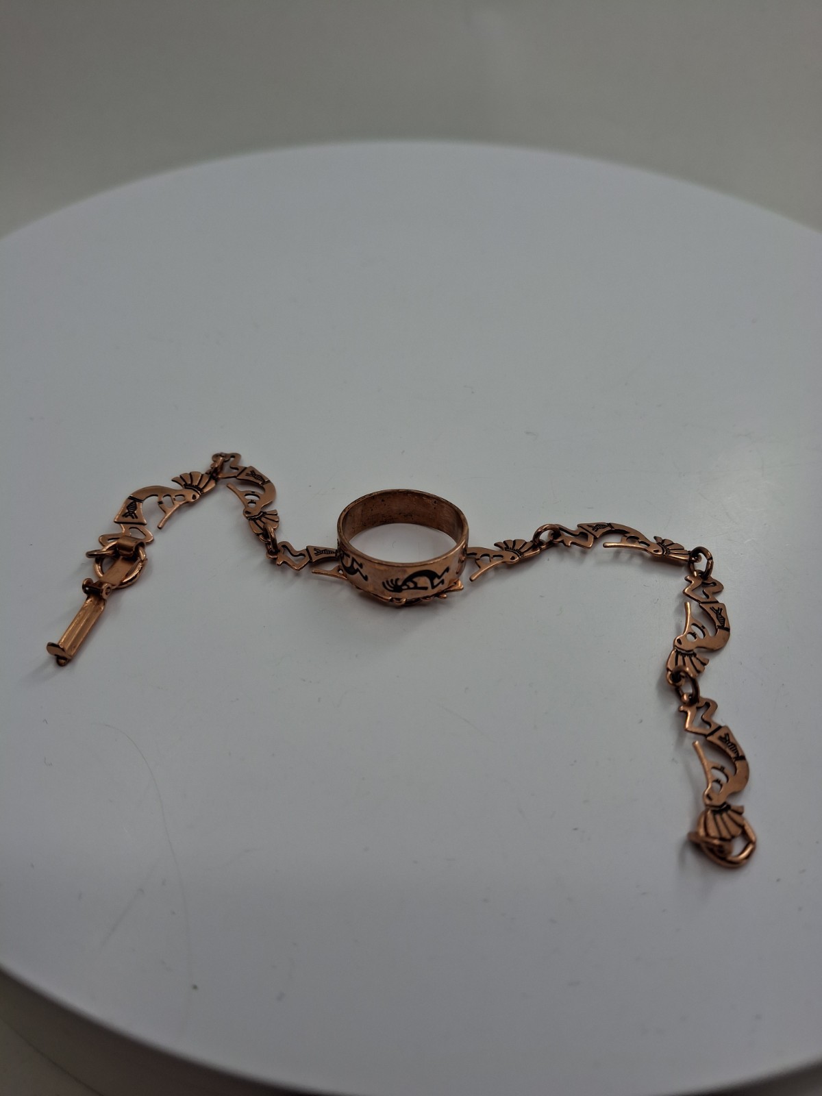Vintage N.A. Kachina Dancer (Kokopelli) Solid Copper Link Bracelet & Ring Set