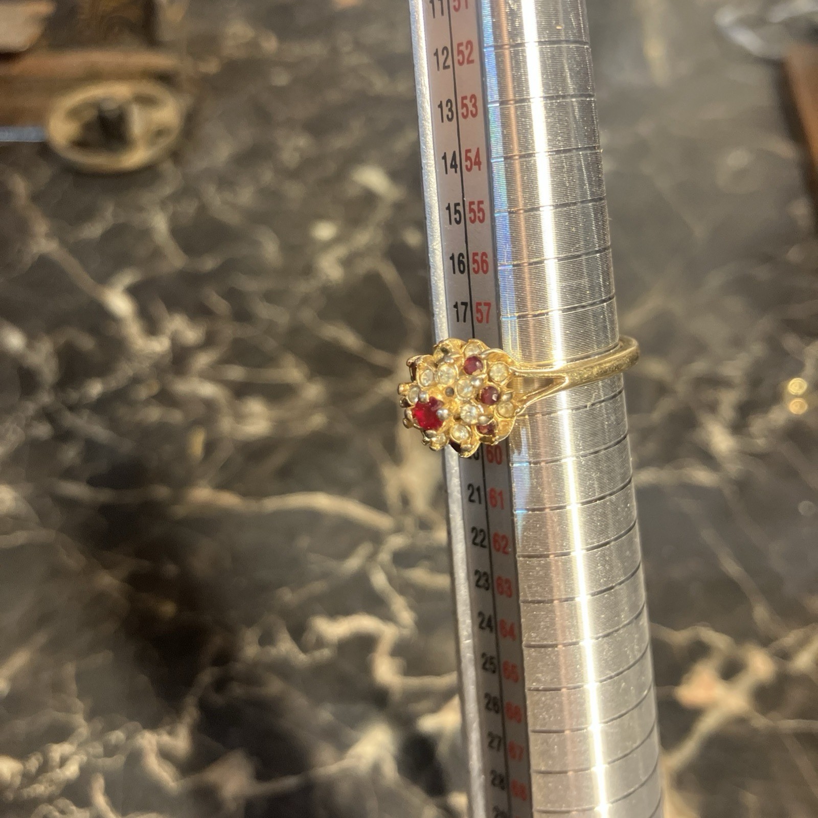 Vintage 18K Gold Filled Red & Clear Rhinestone Floral Cluster Ring Sz 8 1/2