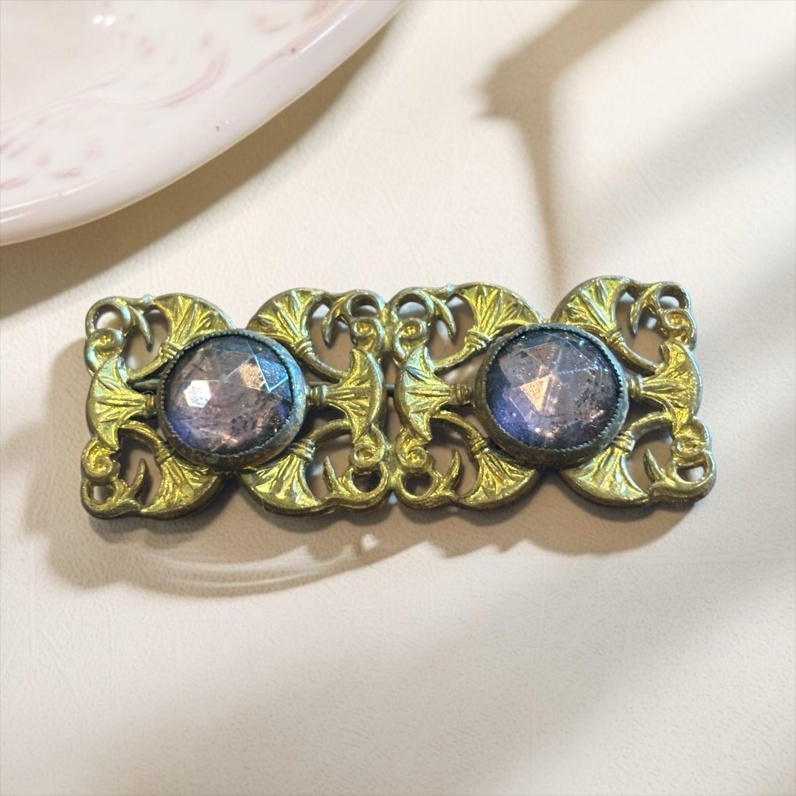 Vintage Art Nouveau Revival Brass Tone Brooch Purple Glass Cabochon Pin