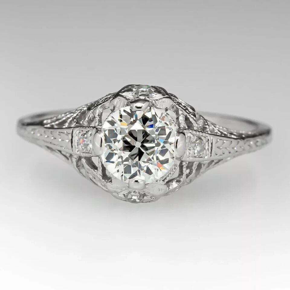 Art Deco Vintage Style Round Lab Created Diamond Wedding Ring 14K White Gold FN