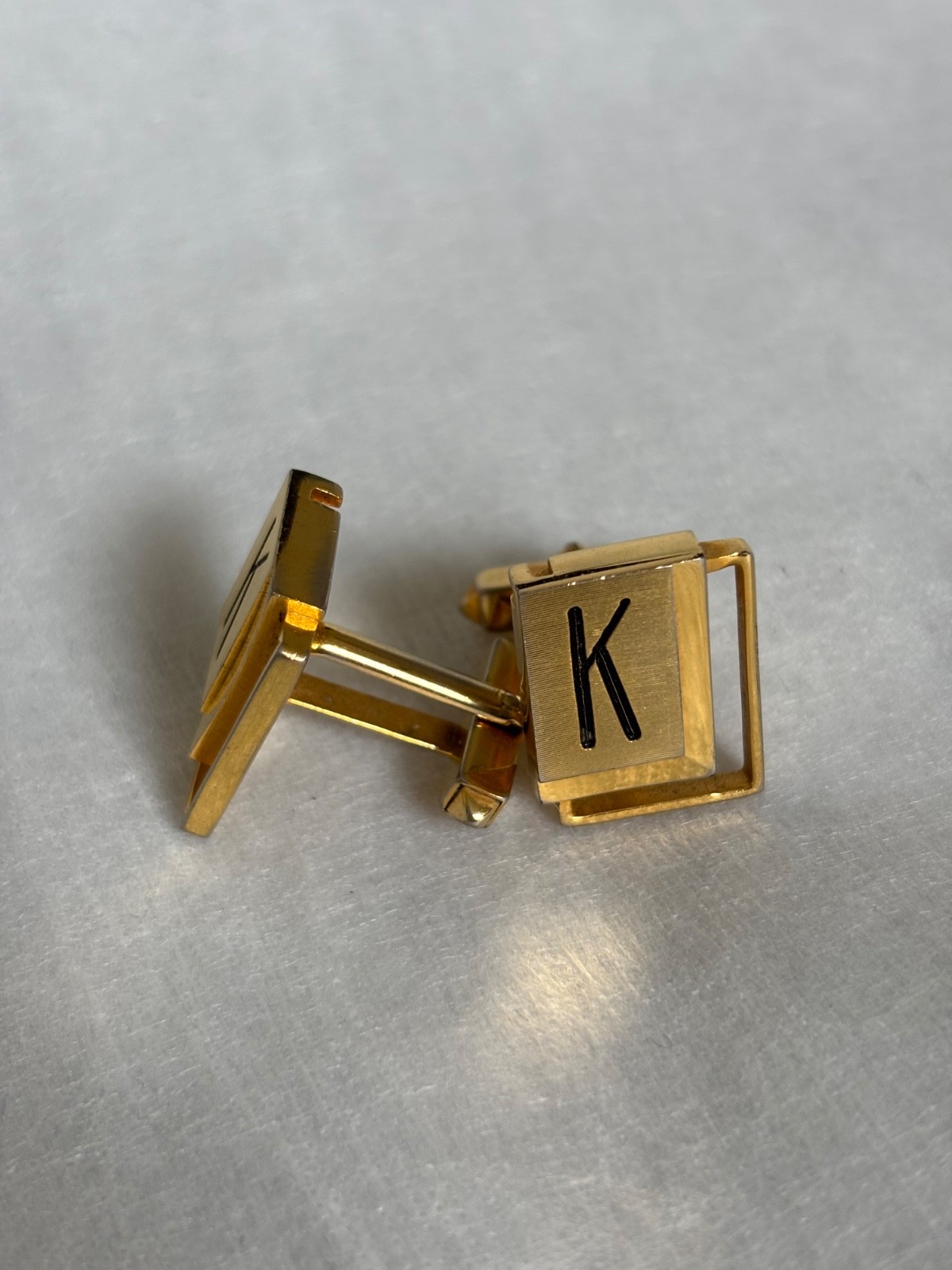 Vintage Initial K Cufflinks Gold Tone Square Geometric Monogram Mens Jewelry⁠