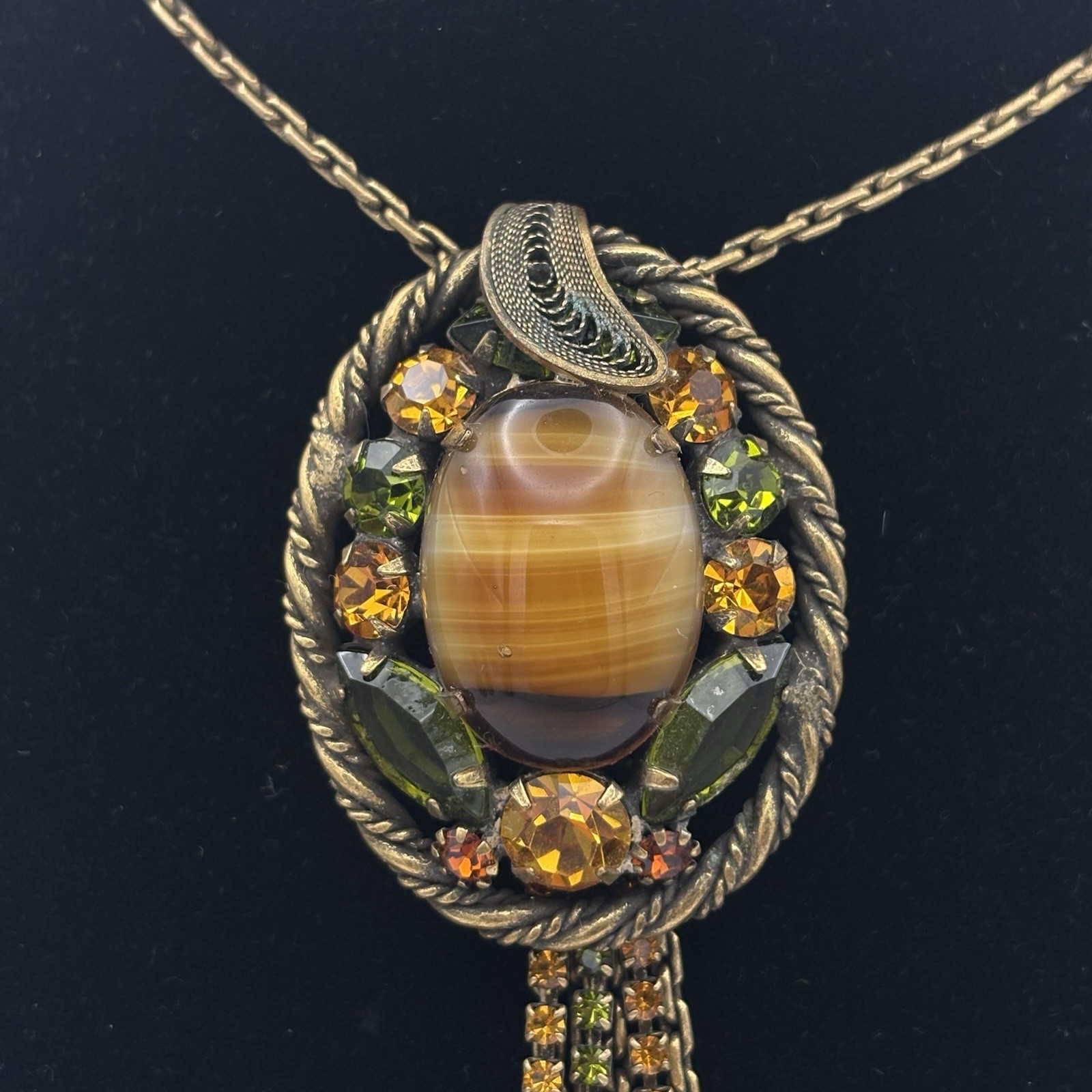 W Germany Brown Porphyry Slag Art Glass And Rhinestone Necklace & Earrings Set