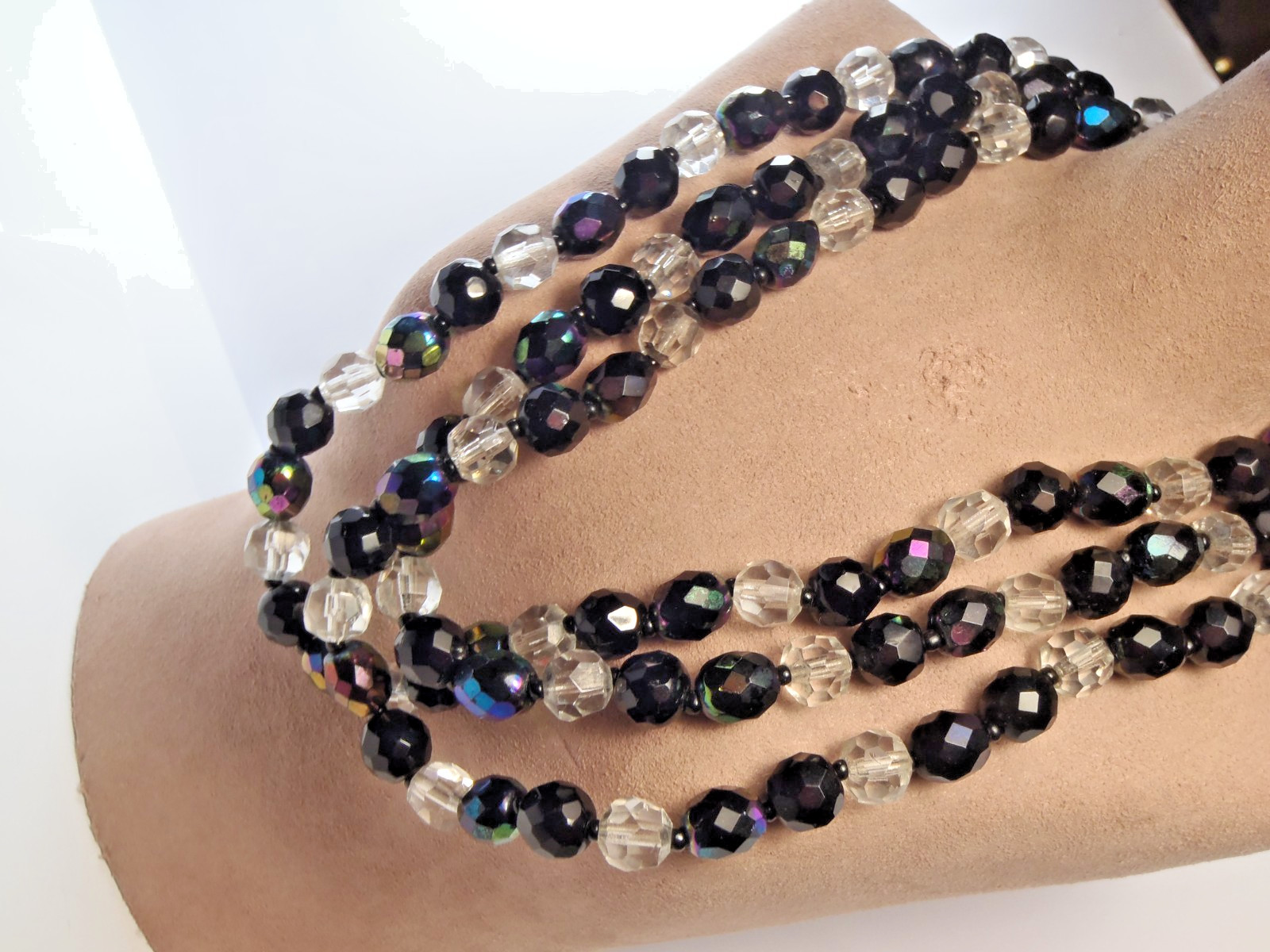 Estate Iridescent Black and Clear Faceted Glass Triple-Strand Necklace
