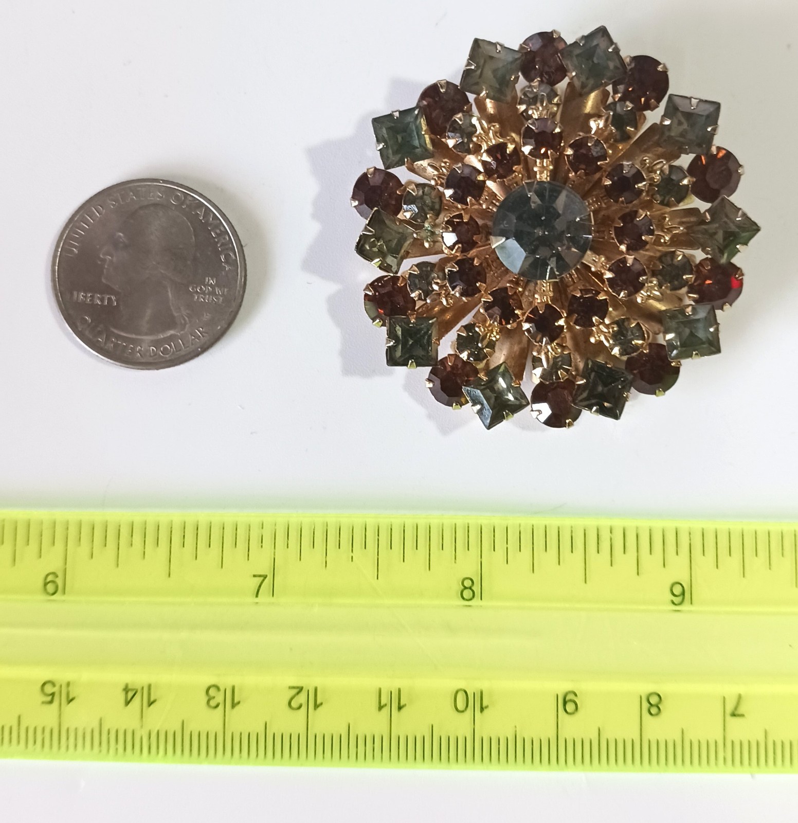 Vintage Gold-tone Layered Brooch w/ Smoky Topaz- & Gray-Green Colored Rhinestone