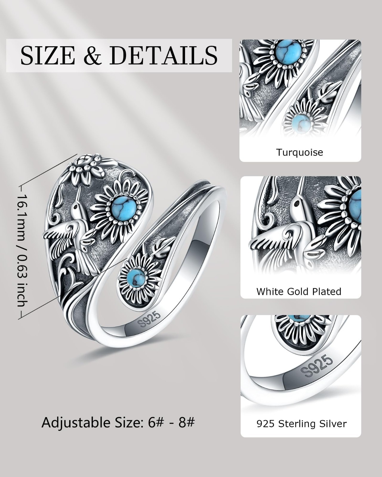 Vintage Boho Abalone Dragonfly Spoon Ring – Turquoise Floral Wrap Ring for Women