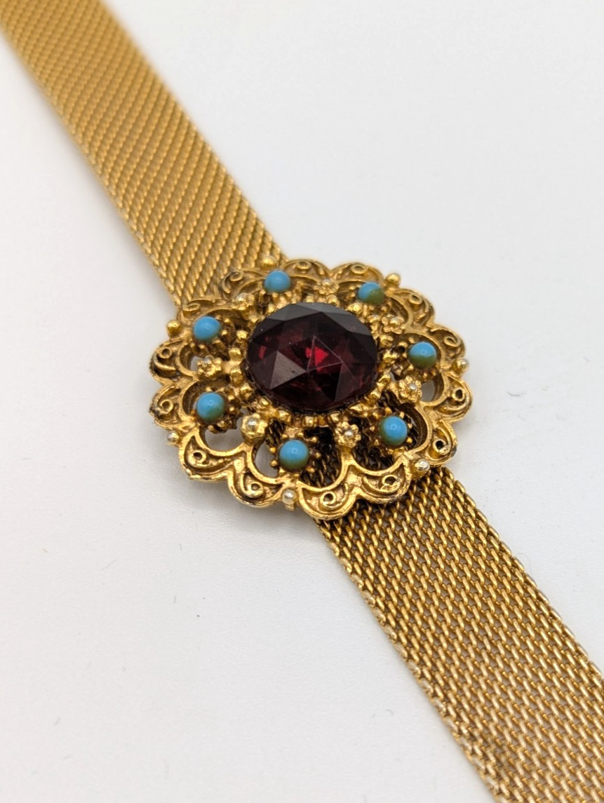 Vintage FLORENZA Mesh Choker Necklace Gold Tone Red turquoise Victorian Revival