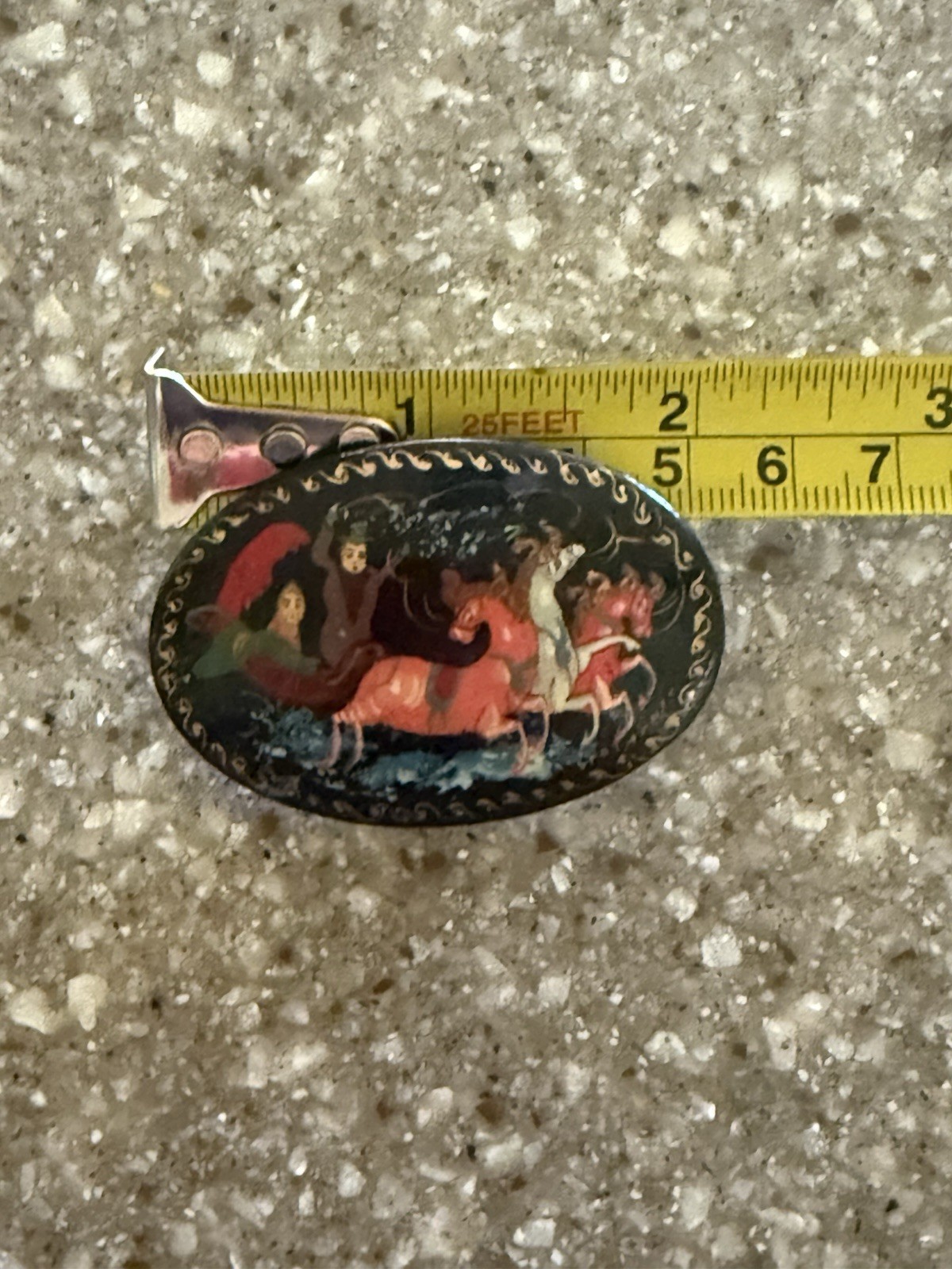 Vintage Russian Hand Painted Lacquer Troika 3 Horses Folk Art Pin/Brooch