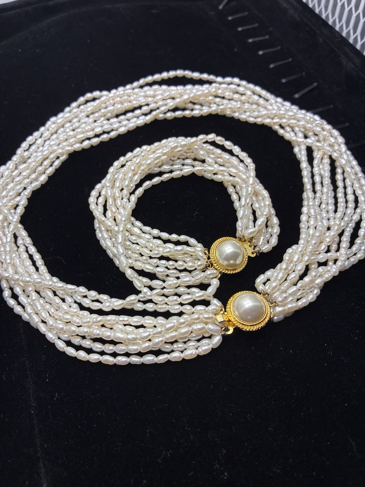 Vintage Genuine Freshwater 10 -Strand Rice Pearl Necklace Bracelet Set 18.5”/7.5