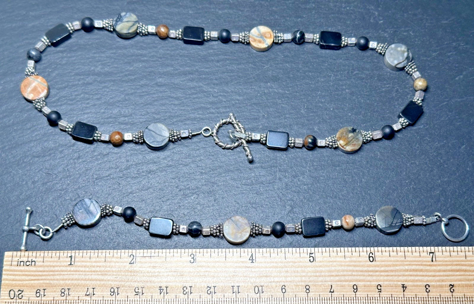 VINTAGE ASSORTED STONE SILVER TONE SET: 16″ NECKLACE & 7.75″ BRACELET I36