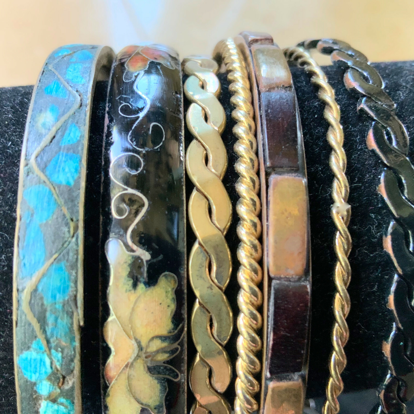 7 Bangle Bracelets inlaid liqueur set gvintage textured STACK mixed trendy hot