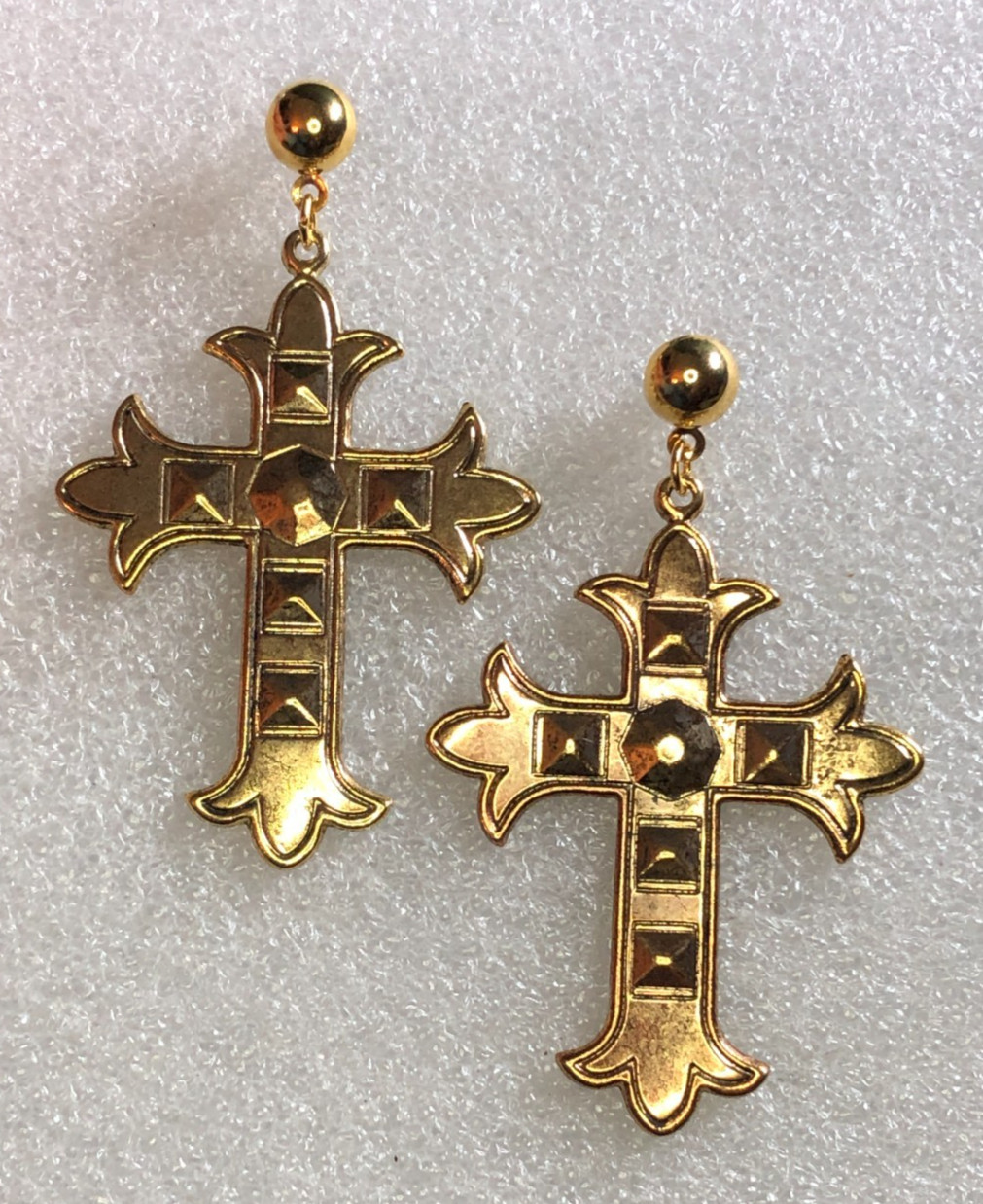 Vintage Gold Cross Earrings Gothic Studded 1980s Rockstar 2.5″ USA NWT 8052