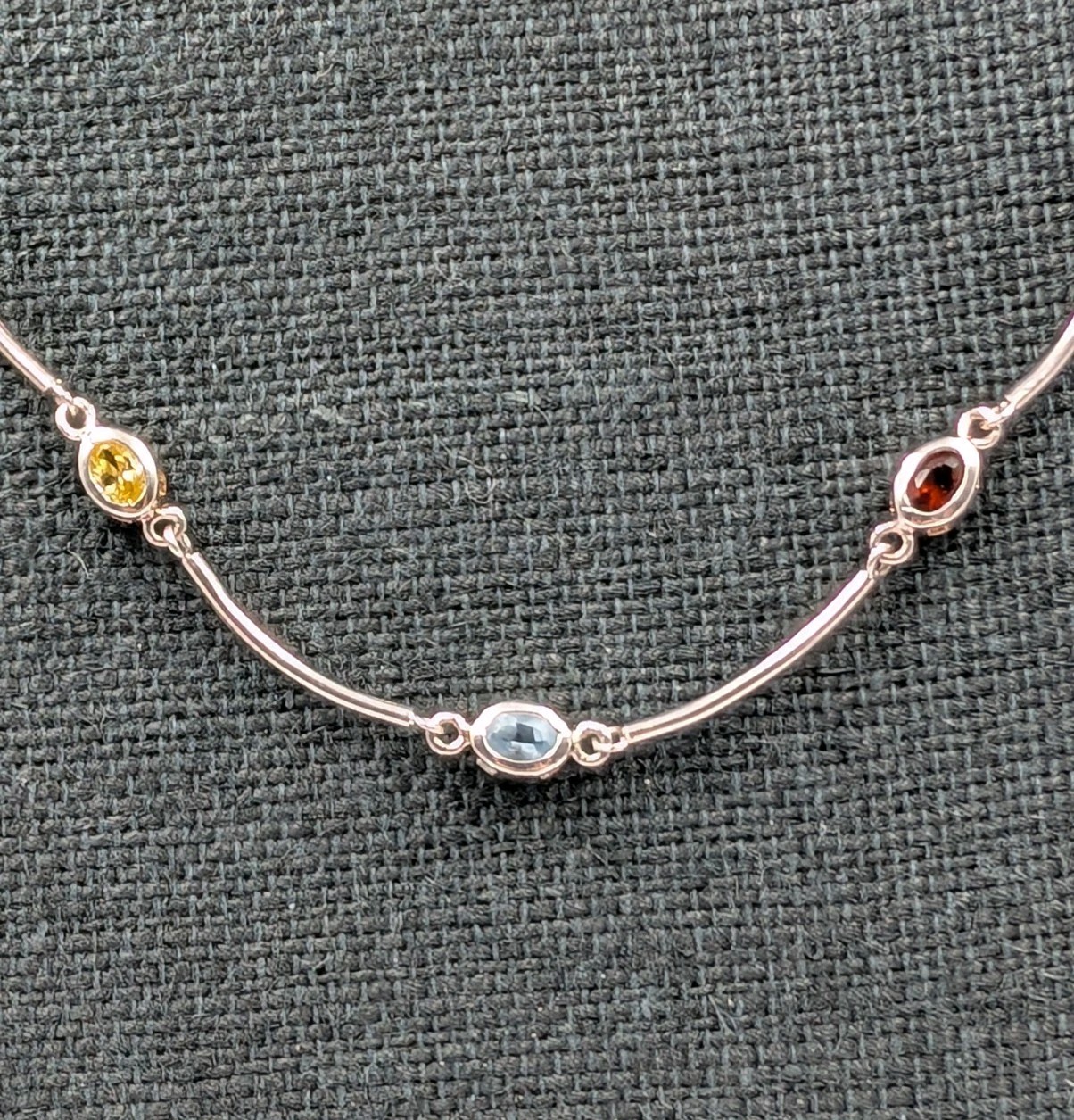 Vtg Sterling Silver Lab Created Gemstones Curved Tube Links 925 Necklace – 17.5″