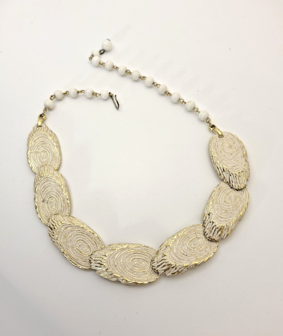 Vintage BSK Collar Link Necklace White Enamel Log Slices Trees Cabincore Nature