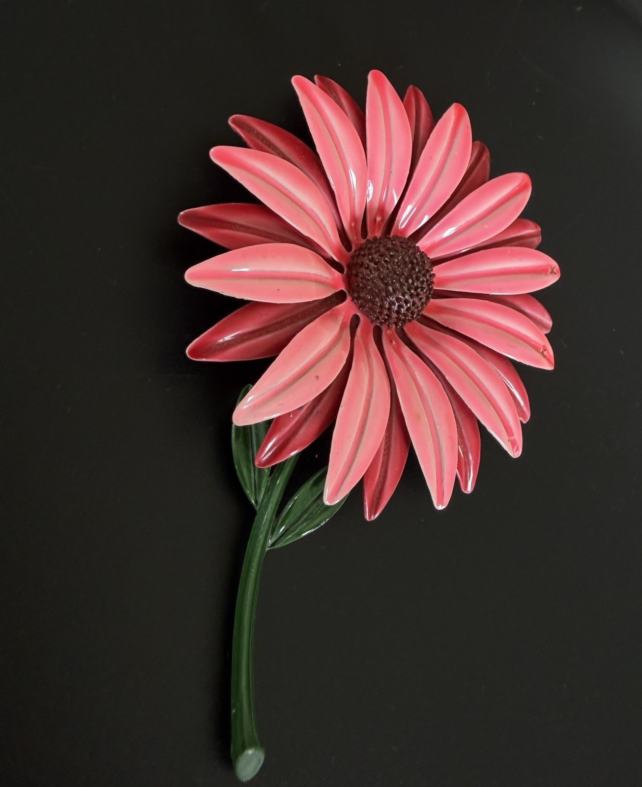 1960s Pink Enamel Celluloid Daisy Flower Brooch Pin Large Mod Statement 4 3/4”!