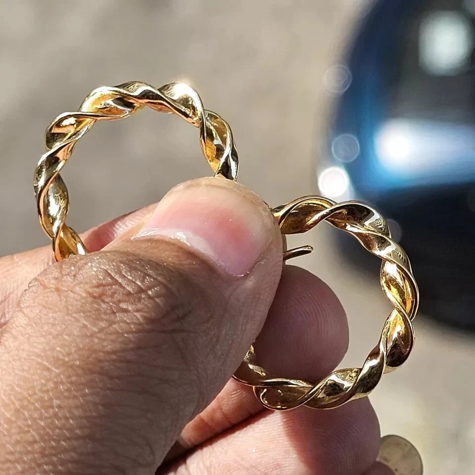Art Deco Style Stunning Any Occasion Twisted Hoop Earrings 14K Yellow Gold FN