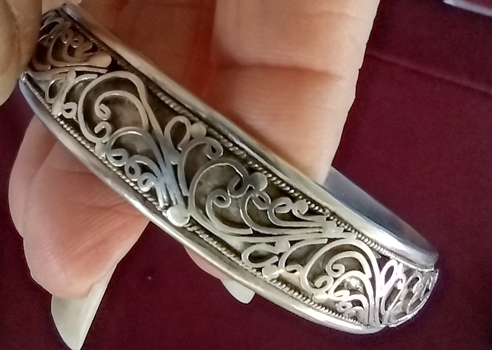 Vintage Sterling Silver Fancy Open Work Ornate Scroll Cuff Bangle Bracelet 8″