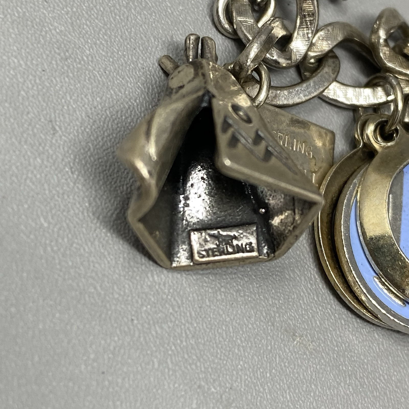 VTG 20 Charm Bracelet Sterling Silver Birthday Natie Cowbell School Hearts 6.5″