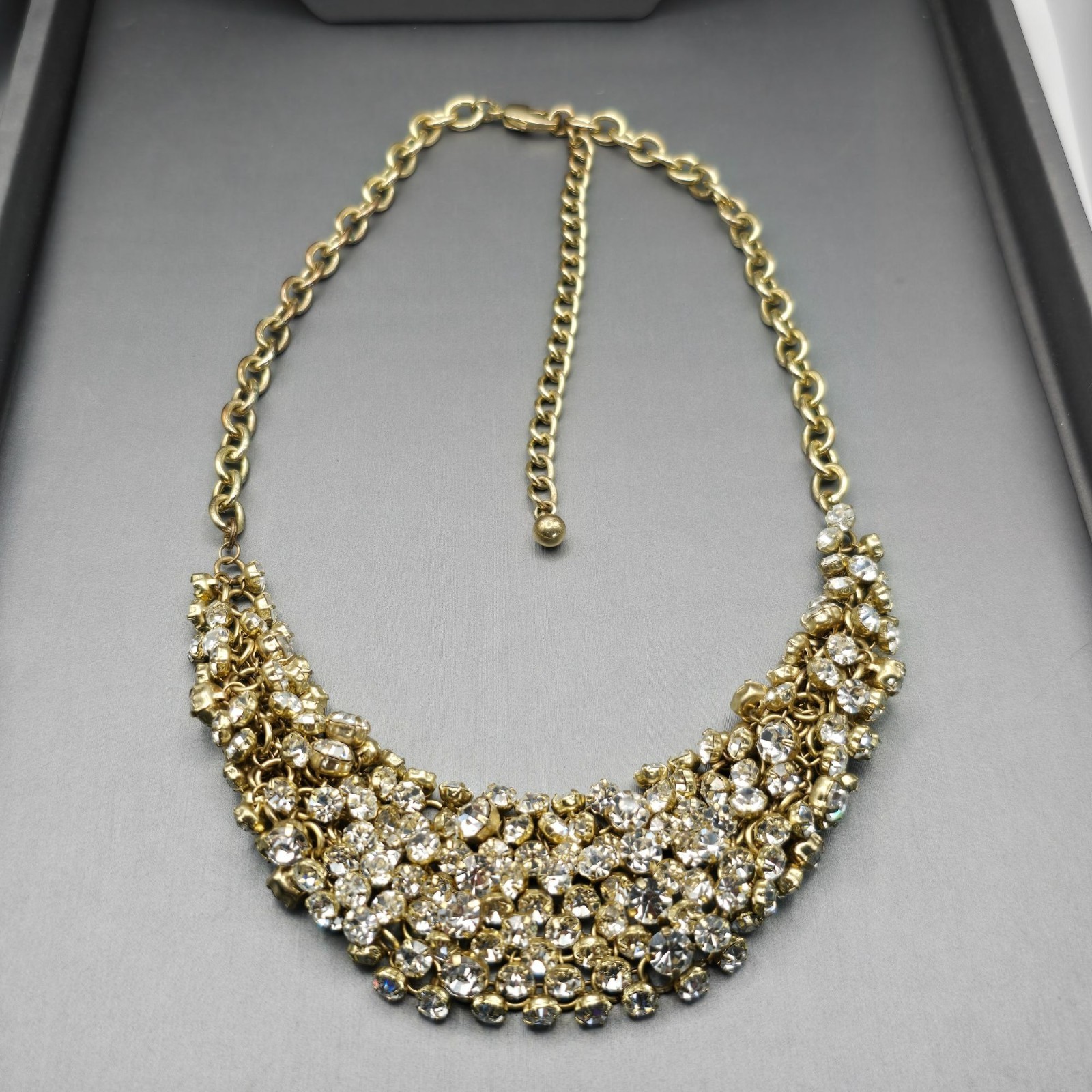 Gold-Tone Statement Necklace & Drop Earrings Set w/ Prong Set Clear Rhinestones
