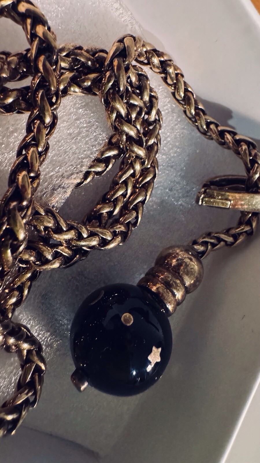 Vintage TALY 925 STERLING 78g Italy BOLO Wheat Chain Necklace Bijoux?Onyx Balls