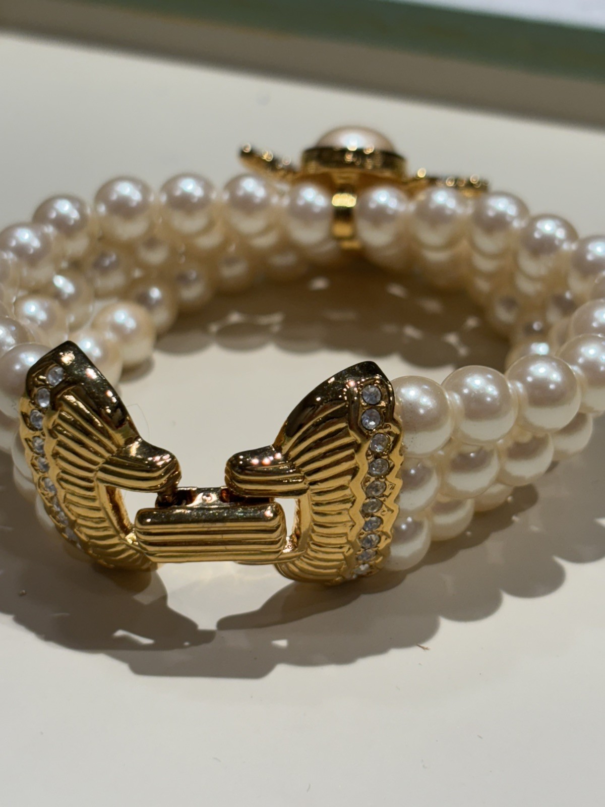Vintage Joan Rivers Signed Faux Pearl Triple Strand Rhinestone Bee Bracelet #8