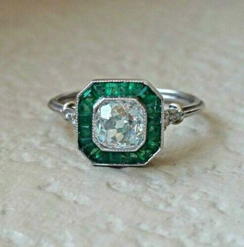 2Ct Art Deco Style Lab Created Diamond Emerald Engagement 14K White Gold FN Ring