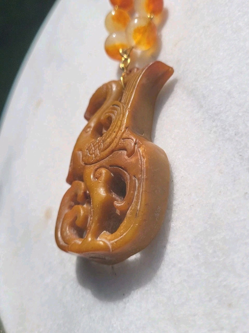 VINTAGE CARVED JADE PHOENIX DRAGON PENDANT JADE GEM BEAD WIRE NECKLACE SET OOAK