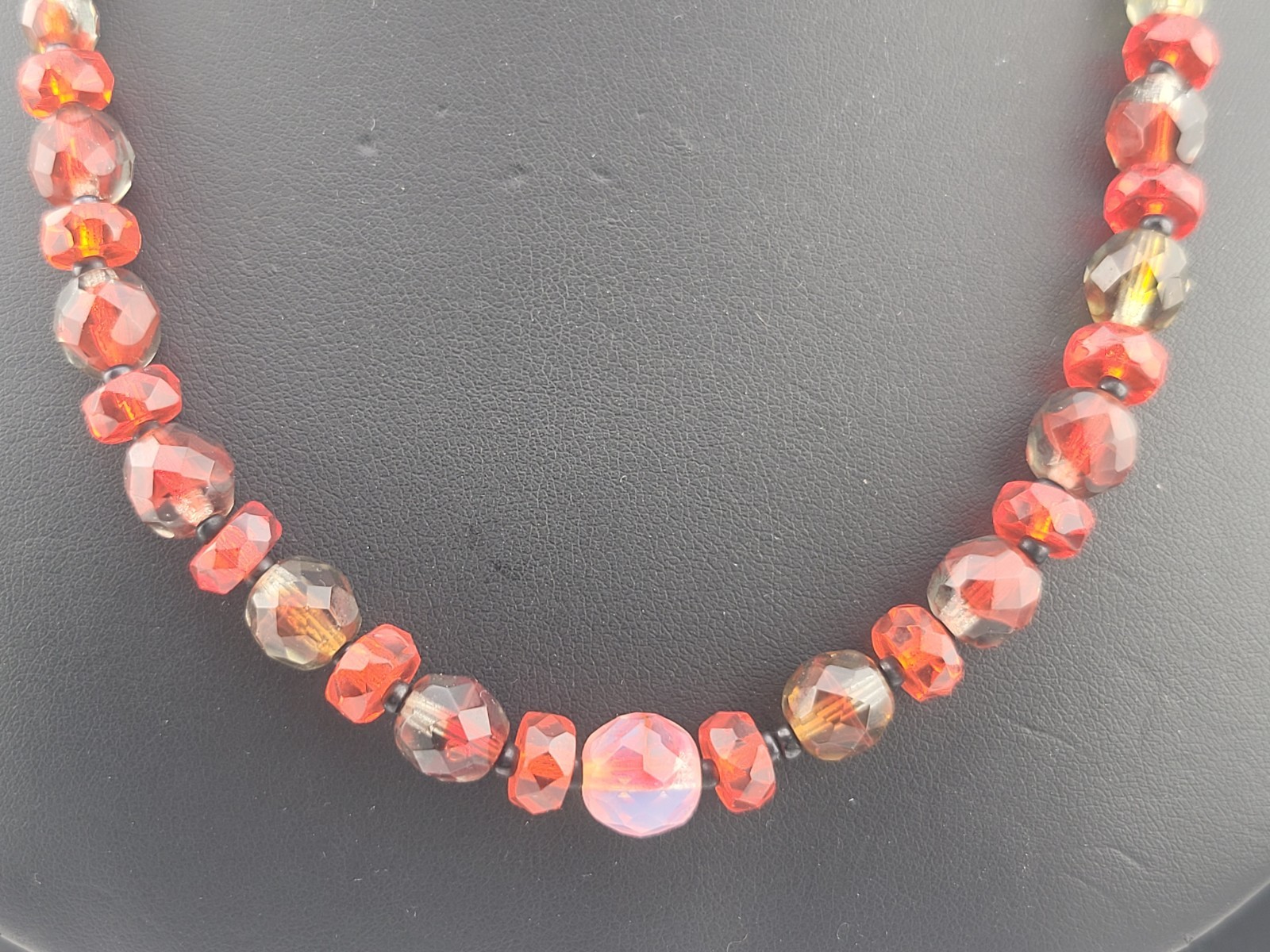 Antique Czech Red Clear Orange Givre Glass Crystal Bead Graduated 20″ Necklace