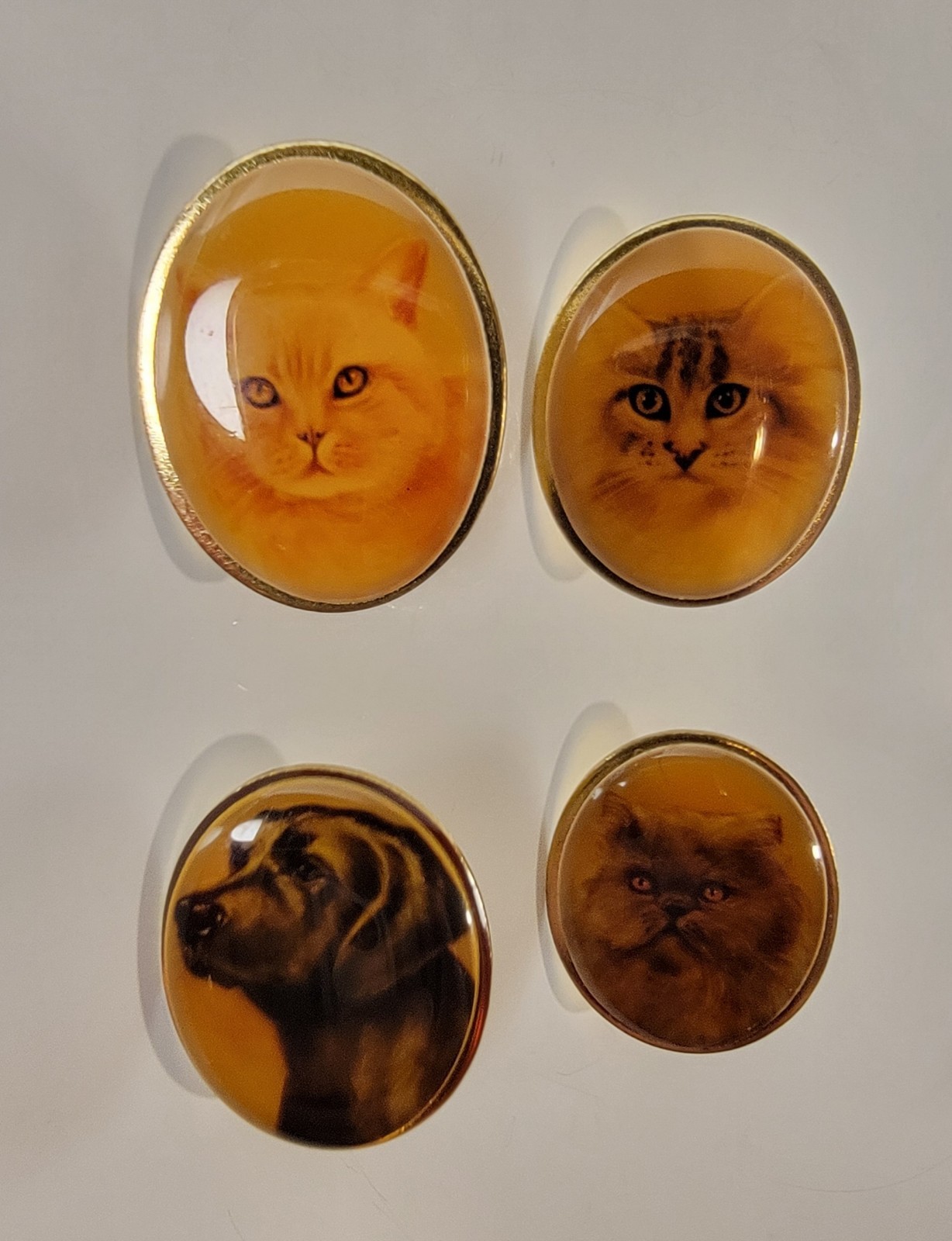 VINTAGE GOLD TONE CAT DOG PORTRAIT LAPEL PIN LOT X4 OVAL ANIMAL PET PINS