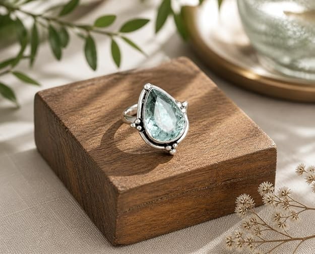 Aquamarine Pear Shape Ring 925 Sterling Silver Handmade Gemstone Ring Size 5-12
