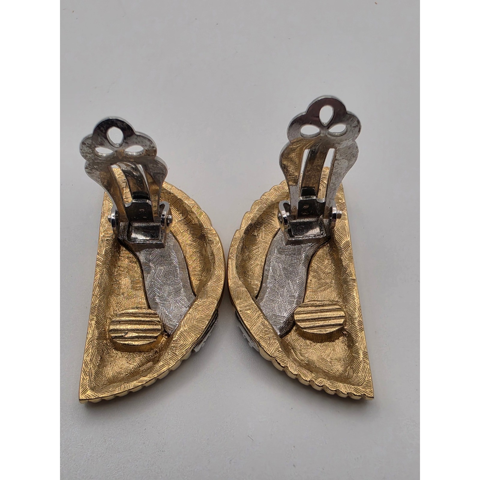 Givenchy Vintage Two Tone Gold Silver Rhinestone Ribbed Fan Clip On Earrings