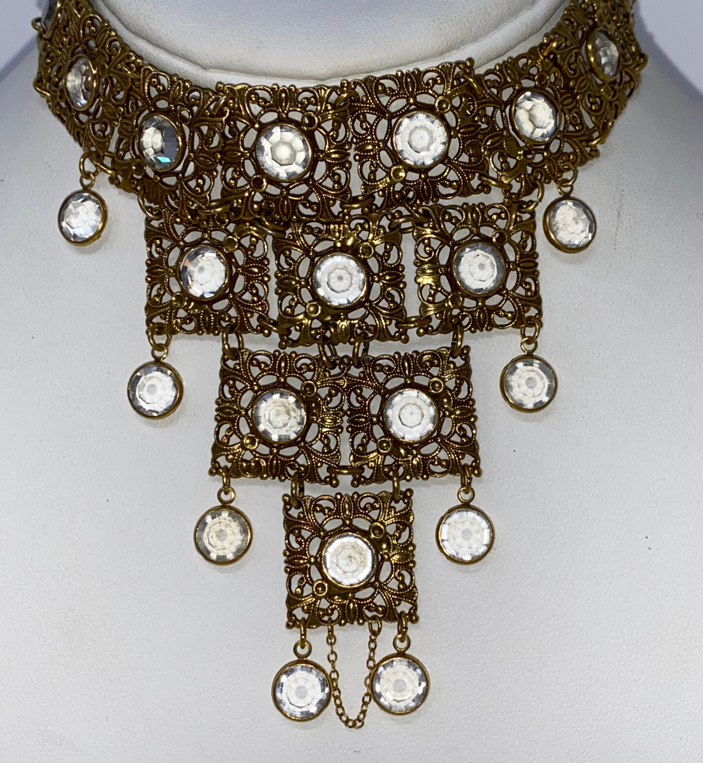 Vintage STATEMENT Goldette Ben Gartner Crystal Openwork Dangle Bib Necklace.