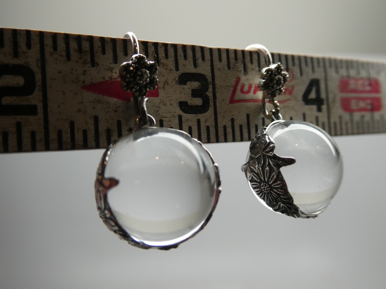 Genuine Pool Of Light Sterling Silver 925 Floral Orb Marcasite Dangle Earrings