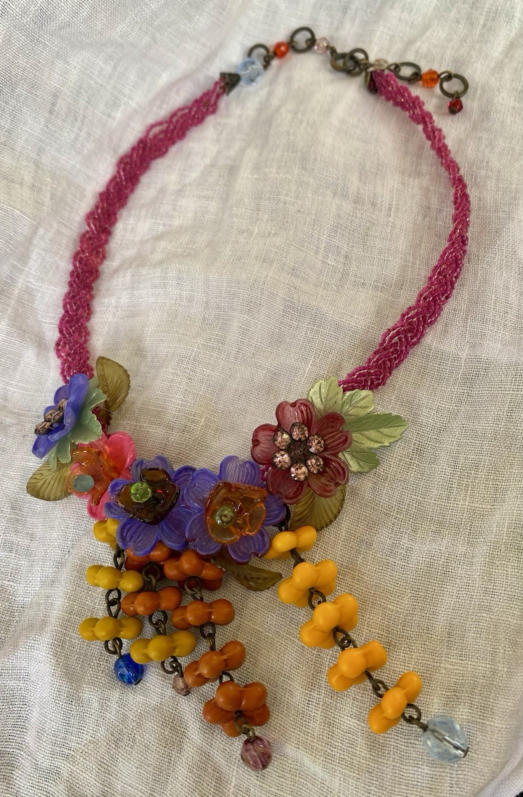 Vintage Glass & Lucite Beaded Floral Necklace with Rhinestone Accents 14-16” Adj