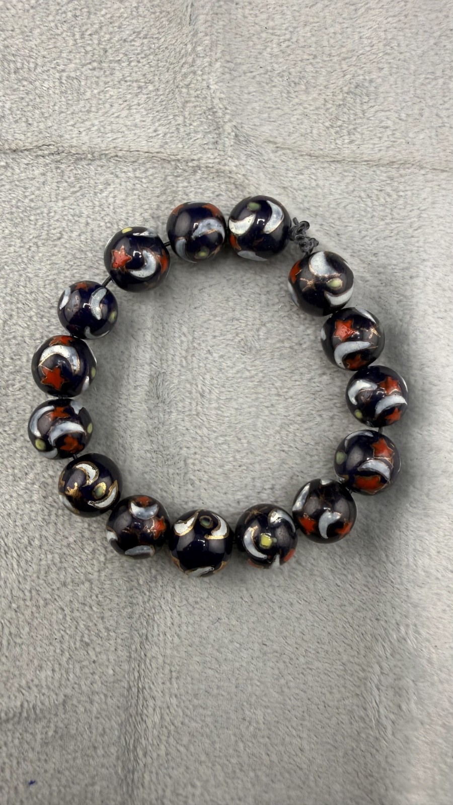 Vintage Glass Beaded Bracelet Stretch Marble Star Moon Sun Celestial 6.5”