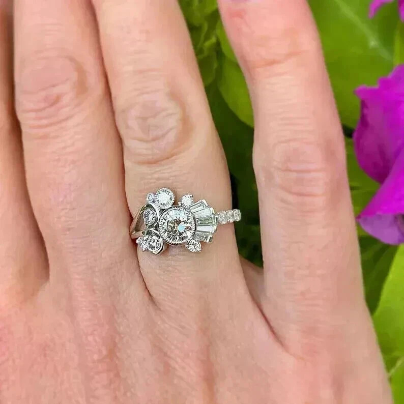 Art Deco Style Lab Created Diamond Wedding & Engagement 14K White Gold FN Ring