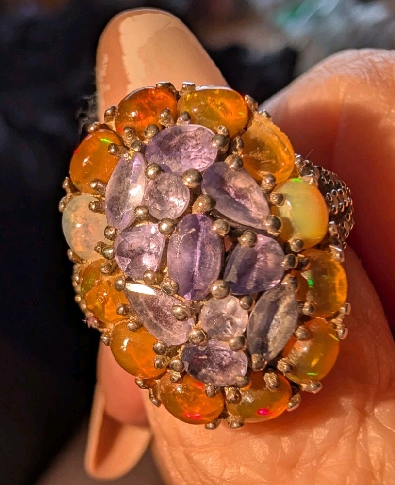 Sterling Silver Ethiopian Welo Opal & Iolite Cluster Ring With White Zircons