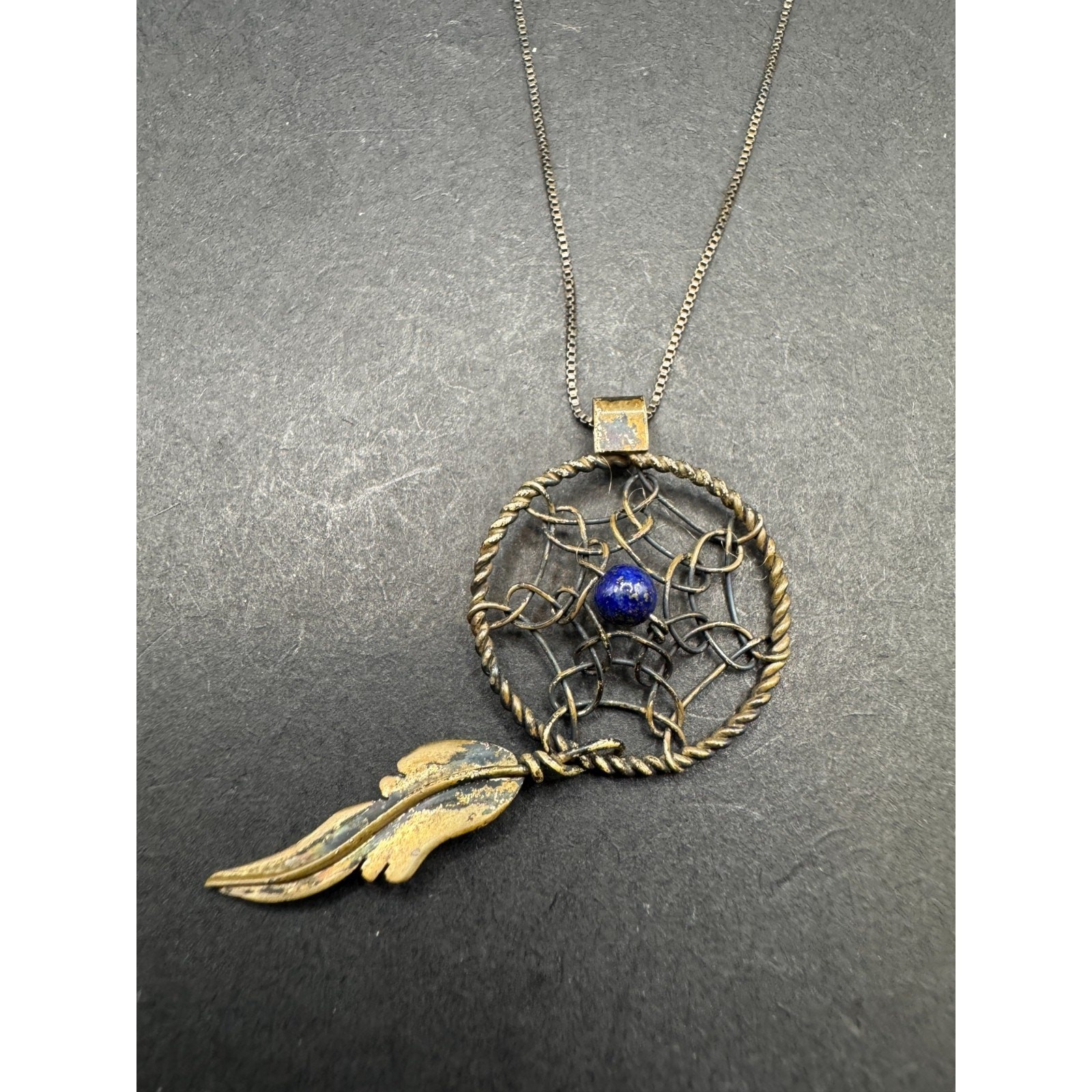 Vintage AGI Italy Signed Sterling Silver 925 Lapis Lazuli Dreamcatcher Necklace