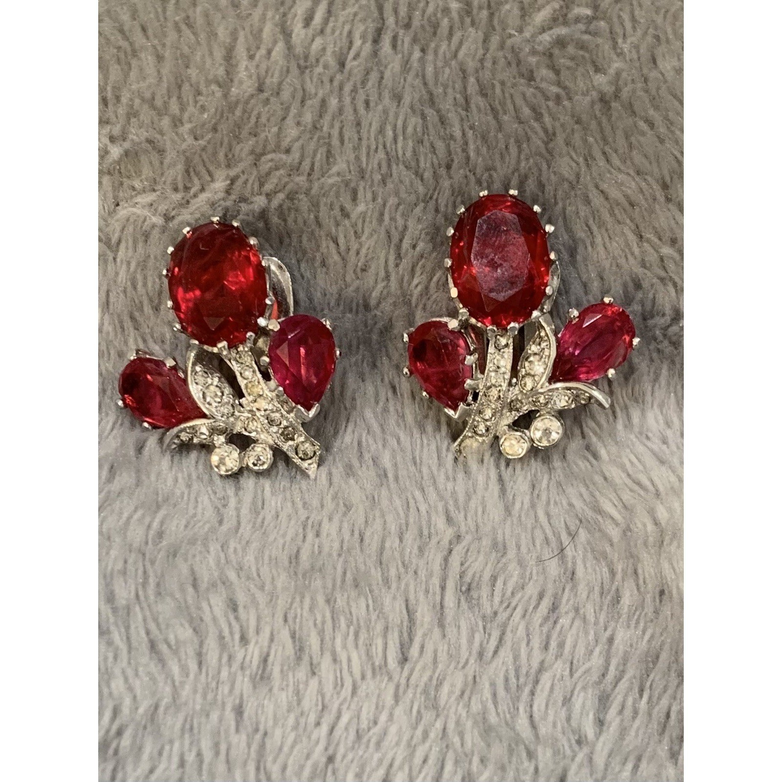 Kramer Vintage Crystal Rhinestone & Faux Ruby Bouquet Flower Signed Clip Earring
