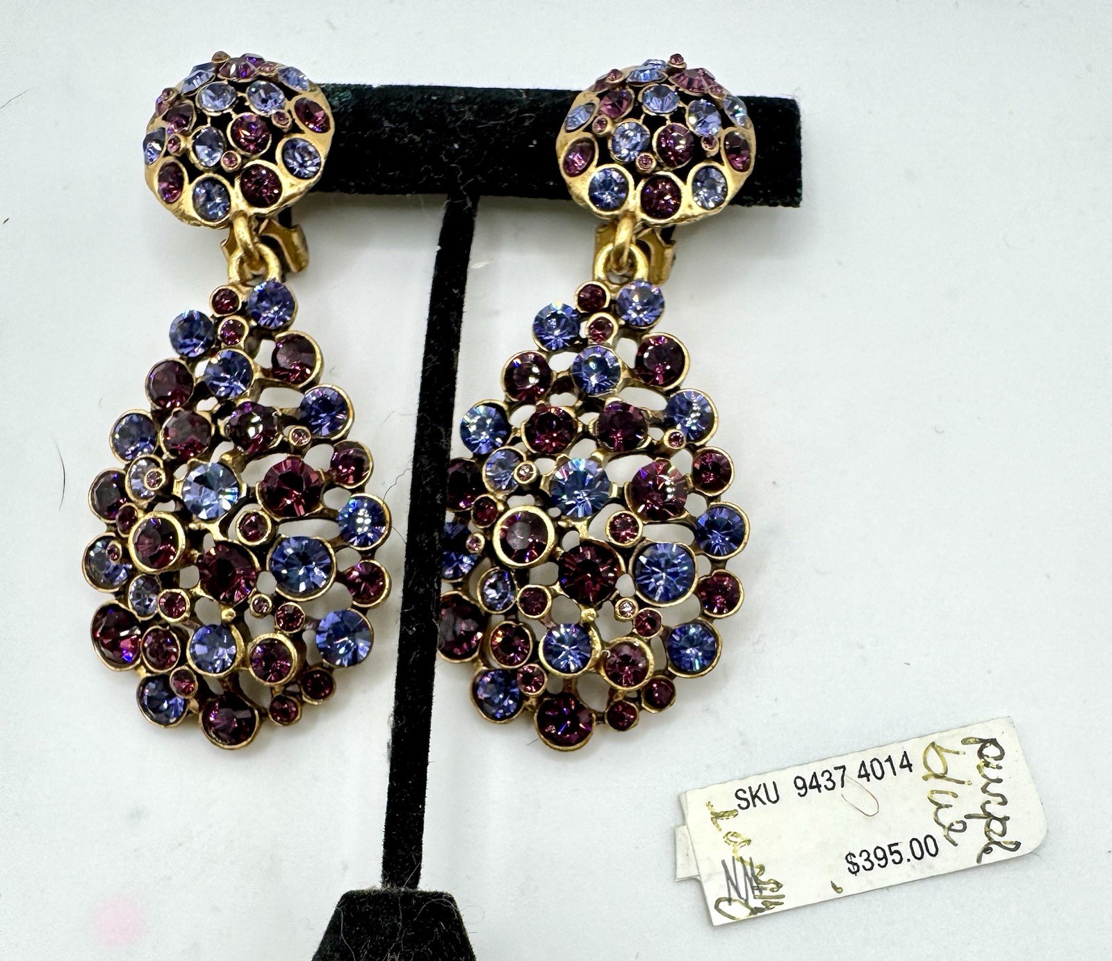 Vintage Oscar de La Renta Gold-Tone With Blue & Purple Crystal Drop Earrings