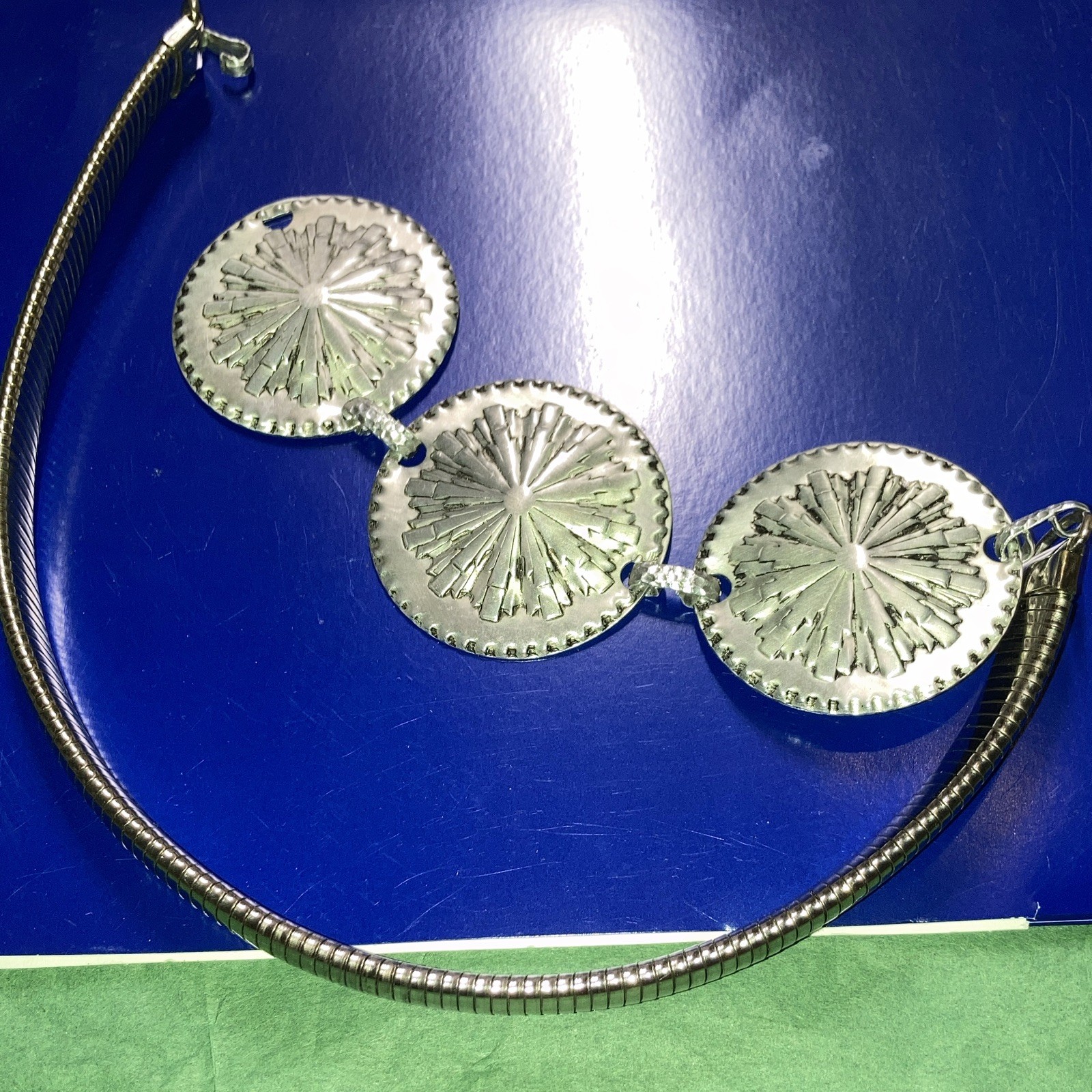 Women’s Silver Tone Metal Snake Chain Necklace w/ Hook, 3 Round Discs, Tribal