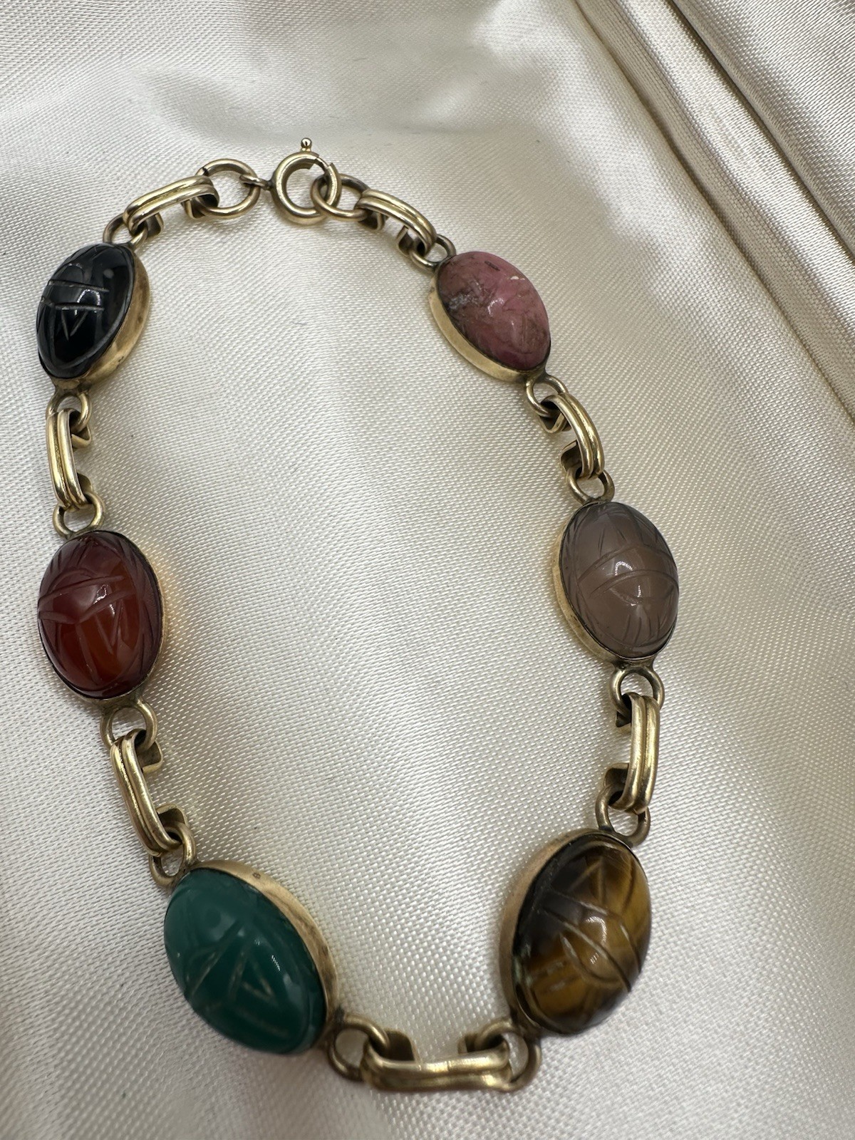 VTG 12k Gold Filled Multi Gemstone Scarab Bracelet 8in 12g Signed Estate Read