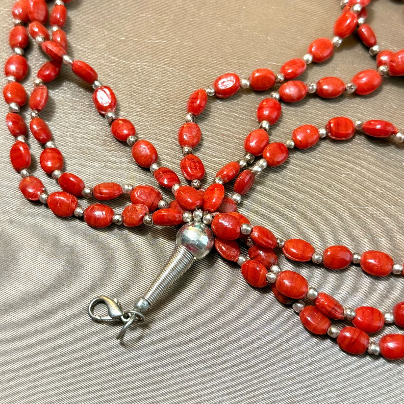 Red Glass Multi Strand Necklace Silver Tone, Boho Unused Vintage India – 18″