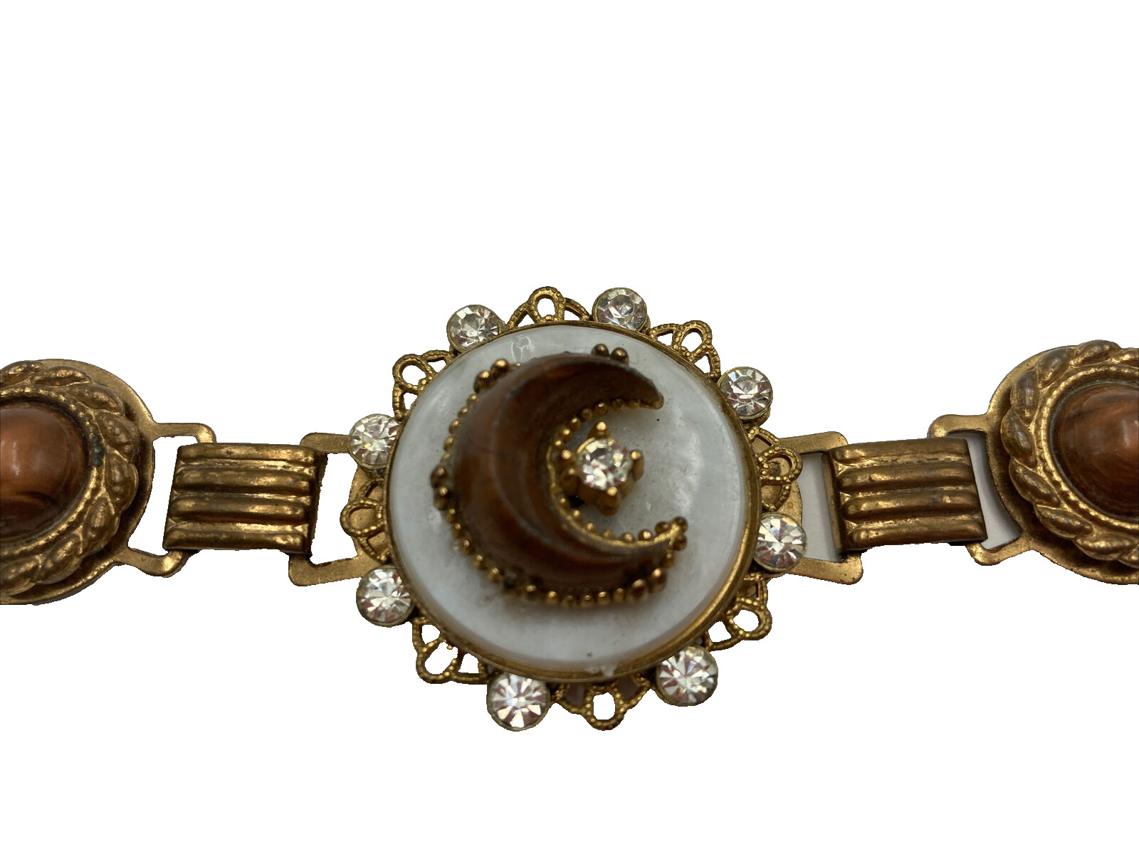 Antique Vintage Crescent Moon Rhinestone Pendant Link Bracelet Victorian Style