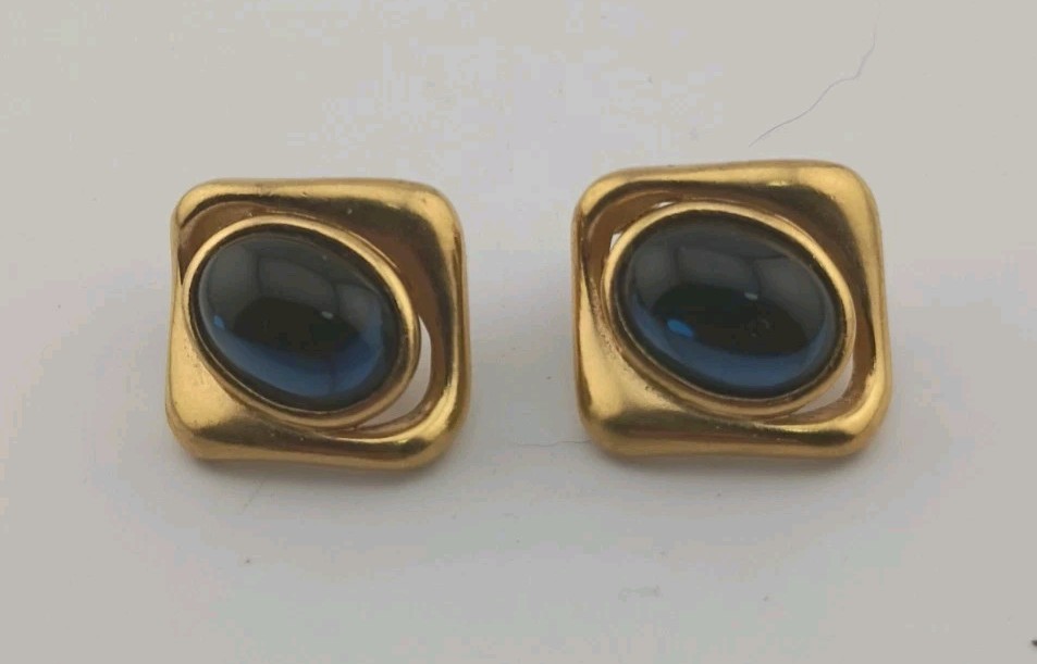Vintage YSL Yves Saint Laurent Gold Tone Blue Cabochon Pierced Clip Earrings…