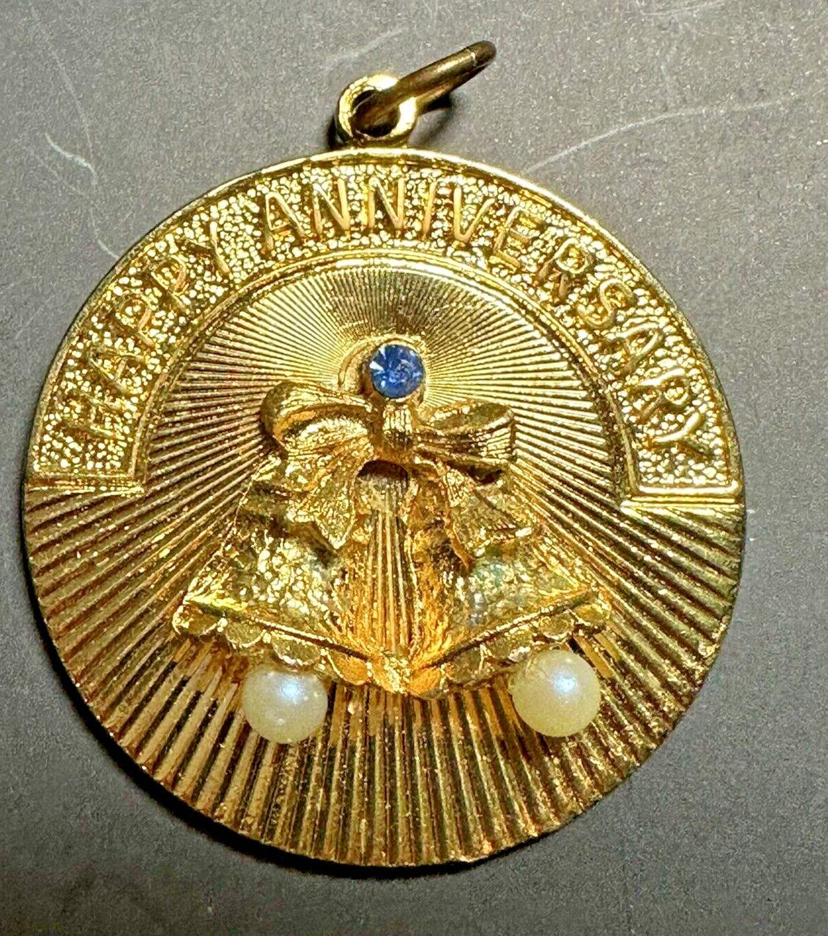 New Gold tone Happy Anniversary Pendant Sarah Coventry bells pearls blue stone